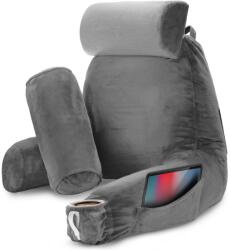 Linomag Perna pentru Citit cu Cotiere, Suport pentru Cap/Gat Detasabil & Suport pentru Picioare, Linomag®, 2 x Buzunare Laterale, Gri, 91.5x75cm (pcg)