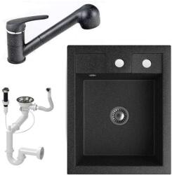 NERO Gránit Mosogató NERO Parma + kihúzható zuhanyfejes Shower csaptelep + dugókiemelő + szifon (fekete)