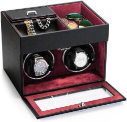iUni Cutie intors ceasuri iUni, Watch Winder 2 + 3 Compartimente accesorii, Piele ecologica, Negru-Rosu (558993)