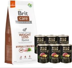 Brit CARE Хипоалергенна храна за кучета за отслабване с заешко месо 12кг + WILD FARM Monoprotein Wild Boar 6x400g хипоалергенна храна за кучета