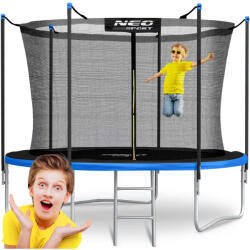 Neo-Sport Kerti trambulin, Neo-Sport, fekete/kék, átmérő: 312 cm, kerek, magasság: 65 cm, 180 cm belső védőháló, létra, acél váz, 3 dupla láb, 150 kg teherbírás, 54 db rugó, fekete oszlopok (TENS-10W241)
