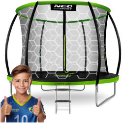 Neo-Sport Kerti trambulin, Neo-Sport, fekete/zöld, átmérő: 252 cm, kerek, magasság: 55 cm, 180 cm belső védőháló, létra, acél váz, 3 dupla láb, 100 kg teherbírás, 42 db rugó, íves fekete oszlopok (TENS-08C221)