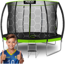 Neo-Sport Kerti trambulin, Neo-Sport, fekete/zöld, átmérő: 435 cm, kerek, magasság: 80 cm, 180 cm belső védőháló, létra, acél váz, 4 dupla láb, 150 kg teherbírás, 80 db rugó, íves fekete oszlopok (TENS-14C221)