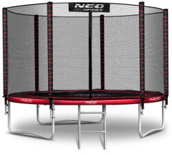 Neo-Sport Kerti trambulin, Neo-Sport, fekete/piros, átmérő: 252 cm, kerek, magasság: 55 cm, 180 cm külső védőháló, létra, acél váz, 3 dupla láb, 100 kg teherbírás, 42 db rugó, fekete oszlopok (TENS-08Z241)