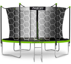 Neo-Sport Kerti trambulin, Neo-Sport, fekete/zöld, átmérő: 435 cm, kerek, magasság: 70 cm, 180 cm belső védőháló, létra, acél váz, 4 dupla láb, 150 kg teherbírás, 80 db rugó, fekete oszlopok (TENS-14W231)