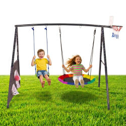ECOTOYS Gyerek fészekhinta állvánnyal, ECOTOYS JSP-SWD, 4 az 1-ben játszószett, 244 x 168 x 216 cm, fészekhinta 100 cm, laphinta, kosárgyűrű, pumpa és 2 labda, teherbírás: 140 kg (TF5255)