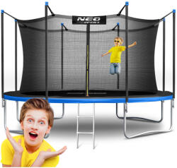 Neo-Sport Kerti trambulin, Neo-Sport, fekete/kék, átmérő: 435 cm, kerek, magasság: 70 cm, 180 cm belső védőháló, létra, acél váz, 4 dupla láb, 150 kg teherbírás, 80 db rugó, fekete oszlopok (TENS-14W241)