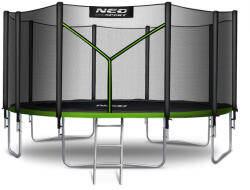 Neo-Sport Kerti trambulin, Neo-Sport, fekete/zöld, átmérő: 465 cm, kerek, magasság: 90 cm, 180 cm külső védőháló, létra, acél váz, 5 dupla láb, 150 kg teherbírás, 90 db rugó (TENS-15Z231)