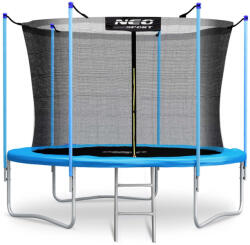 Neo-Sport Kerti trambulin, Neo-Sport, fekete/kék, átmérő: 312 cm, kerek, magasság: 65 cm, 180 cm belső védőháló, létra, acél váz, 3 dupla láb, 150 kg teherbírás, 54 db rugó, kék oszlopok (TENS-10W181)