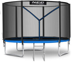 Neo-Sport Kerti trambulin, Neo-Sport, fekete/kék, átmérő: 312 cm, kerek, magasság: 65 cm, 180 cm külső védőháló, létra, acél váz, 3 dupla láb, 150 kg teherbírás, 54 db rugó, fekete oszlopok (TENS-10Z221)