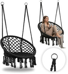 MultiGarden Függőszék, MultiGarden ESO-SW092-1, fekete, 40 × 62 cm ülés, magasság: 116 cm, fém váz, 3 mm kötélfonat, 120 kg teherbírás, beltéri/kültéri (TF5219)