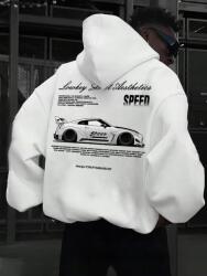septimo7 Oversize kapucnis pulóver fehér, Speed sportautó motívummal