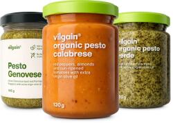Vilgain Triple Pesto Pack -⁠ pesto cremos în 3 variante, din ingrediente italiene, potrivit pentru paste, pizza sau toast