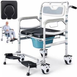 Linomag Scaun WC multifuncțional 5 in 1 tip toaleta de camera cu rotile, Linomag®, Olita detasabila, Scaun de dus, pentru bătrâni sau persoane cu mobilitate redusă, Impermeabil, Gri deschis / Negru (swc2)