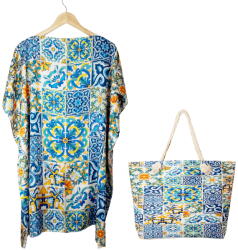 SET rochie tip poncho din matase si geanta mare de vara cu model marocan in culori vibrante predominant albastru