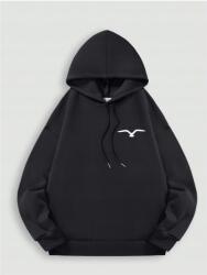 septimo7 Unisex oversize kapucnis pulóver fekete madár mintával 100% pamut XL