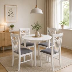 Malaezia Set masa bucatarie Sophia, MDF, rotunda, 90x74 cm si 4 scaune Rebecca, tapiterie stofa, 100 kg, 94x49x43.5 cm, alb gri