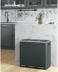 SONGMICS LTB54GS 3 rekeszes szelektív hulladékgyűjtő pedálos kukával acél antracitszürke soft-close fedéllel (LTB54GSV1)
