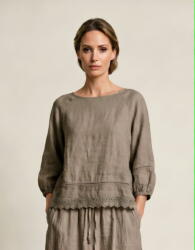 SHOPIKA Bluza din in cu dantela, croi lejer, stil natural elegant, bej inchis Talie unica