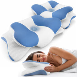 Linomag Set 2 Perne Ortopedice Cervicale pentru dormit Linomag®, Spuma cu Memorie, Husa lavabila, Suport pentru cap, gat, umeri si brate, Alb/Albastru pastel, 40 x 65 x 14.5 cm (pdaapx2)