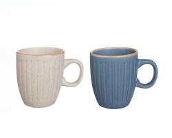 EMC ONSHOP Set Cesti Ceramice cu Model Dungi, 170ml, Bej si Bleu, 7 x 8 cm, 2buc (1251489)