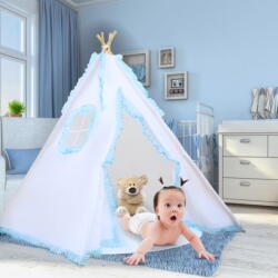 Empria® Cort de joaca pentru copii, cort teepee, stil indian, Empria, 110x110x110 cm, Alb/Bleu (Cort110x110AB/BL)