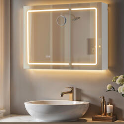 Brius Dulap pentru baie cu oglinda si iluminare LED reglabila, functie anti-abur, USB si prize integrate, 80x17x60 cm, alb (EZ-BBK134W01)