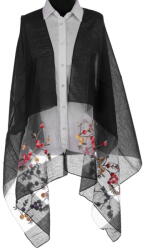 Shopika Esarfa din matase neagra, cu broderie flori pe fond transparent de organza