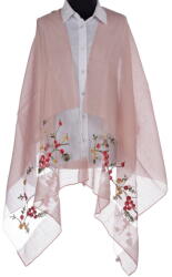 Shopika Esarfa din matase roz, cu broderie flori pe fond transparent de organza