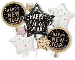 Flippy Baloane pentru aniversare, Flippy, tematica Happy New Year, set 9 baloane, 1 Stea Mare 83 x 90 cm, 6 stele, 2 rotunde, din folie de aluminiu, pai de carton inclus, Negru (129922)