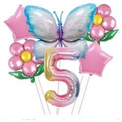 Flippy Set baloane aniversare cu numere, din folie de aluminiu, 6 piese, 2 flori, 2 stelute, 1 fluture, 1 cifra, Multicolor, Cifra 5 (129914)