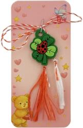 Jolie Martisor pentru Copii, Jolie, Model TRIFOI cu BUBURUZA, din Cauciuc, cu Snur Impletit Alb/Rosu, Ambalaj Carton cu Design, Verde mix (165806)