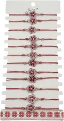 Jolie Bratara Martisor pentru Dama, Jolie, Model Floare, Set 12 bucati, Pandativ din Aliaj cu Print Traditional, Snur Ajustabil Impletit, Alb/Rosu (128159)