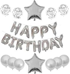 Flippy Set 25 de Baloane din Folie Metalizata si Latex, Flippy, Figurine 2 Stele, 4 Baloane Confetti, 13 Litere, 6 Latex, Model Happy Birthday, Tema Aniversare, 40 cm, Ambalaj Individual, Pai Inclus, Umflare