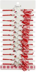 Jolie Martisor Bratara cu Ciucure pentru Dama, Jolie, Model Inima cu Floare Alba, Set 12 bucati, Pandativ din Inox cu Piatra, Snur Reglabil, Rosu/Alb (128061)