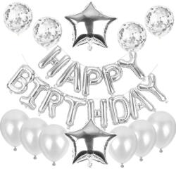 Flippy Set baloane din folie metalizata si baloane din latex, baloane HAPPY BIRTHDAY, 4 baloane latex Confetti, 6 baloane latex Roz, 2 baloane folie Steluta, 40cm, Argintiu (127277)