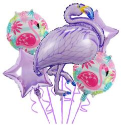 Flippy Baloane aniversare Flamingo Party, Flippy, din Folie de aluminiu si Latex, set din 5 baloane, 1 Flamingo, 2 Stele, 2 rotunde, 60 x 90 cm, Adeziv si pai inclus Mov (129725)