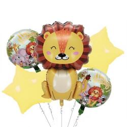 Flippy Set 5 Baloane din Folie Metalizata, Flippy, Figurine, Tema Aniversare Jungla, Pai Inclus, Ambalaj Individual, Umflare cu Aer sau Heliu, Figurina Leu 69.5x101 cm, Stelute si Cerculete 45 cm, Multicolor