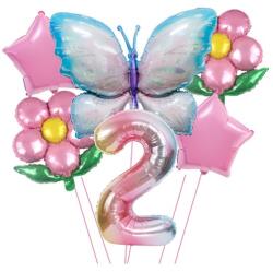 Flippy Set baloane aniversare cu numere, din folie de aluminiu, 6 piese, 2 flori, 2 stelute, 1 fluture, 1 cifra, Multicolor, Cifra 2 (129911)