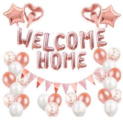 Flippy Set baloane folie si latex, Flippy, WELCOME HOME, 24 de piese, 20 baloane latex, 4 baloane stea Folie, 1 set Welcome Home, Rose gold metal (129896)