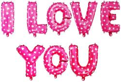 Flippy Set 8 Baloane din Folie Metalizata, Figurine Litere, Model I Love You, Tema Ziua Indragostitilor, 40 cm, Ambalaj Individual, Pai Inclus, Umflare cu Aer sau Heliu, Roz cu Inimioare Albe (131262)