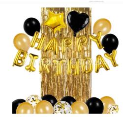 Flippy Set 24 de baloane folie si latex, 10 baloane latex simple, 10 bloane latex cu paiete, 4 baloane folie, ribon, 1x2 m perdea, Auriu/Negru (129716)