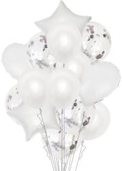 Flippy Set 14 Baloane din Folie Metalizată si din Latex, Flippy, Figurine Stea si Inima 45 cm, Baloane Latex 30 cm, Tema Buchet, Ambalaj Individual, Pai Inclus, Umflare cu Aer sau Heliu, Argintiu (130930)
