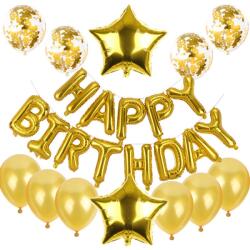 Flippy Set baloane din folie metalizata si baloane din latex, baloane HAPPY BIRTHDAY, 4 baloane latex Confetti, 6 baloane latex Roz, 2 baloane folie Steluta, 40cm, Gold (127276)