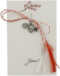 Jolie Martisor Traditional, Jolie, Model INIMA cu CHEIE, cu Snur Impletit Alb/Rosu, 8.5 x 5.5 cm, Argintiu (165720)