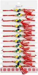 Jolie Martisor Bratara cu Ciucure pentru Dama, Jolie, Model Trifoi Colorat, Set 12 bucati, Pandativ din Inox, Snur Reglabil, Rosu/Alb (128058)