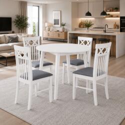 Malaezia Set masa living plianta Philadelphia, MDF, lemn masiv, rotunda, 55 90 x 90 x 74, 8 cm si 4 scaune Rebecca, tapiterie stofa, 100 kg, 94x49x43.5 cm, alb gri