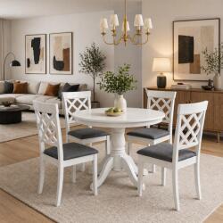 Malaezia Set masa living rotunda Montreal, lemn masiv, MDF, 90x73.8 cm si 4 scaune Vienna, tapiterie stofa, 94x49x40 cm, alb gri