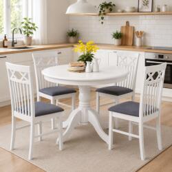 Malaezia Set masa living rotunda Montreal, lemn masiv, MDF, 90x73.8 cm si 4 scaune Rebecca, tapiterie stofa, 100 kg, 94x49x43.5 cm, alb gri