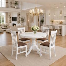 Malaezia Set masa living rotunda Montreal, lemn masiv, MDF, 90x73.8 cm si 4 scaune lemn masiv Glendale, stofa, 100 kg, 93x49x41.5 cm, alb maro